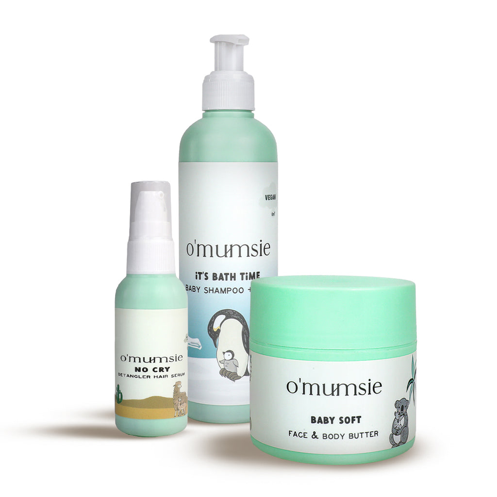 Baby hair care routine kit with nourishing serum and shampoo