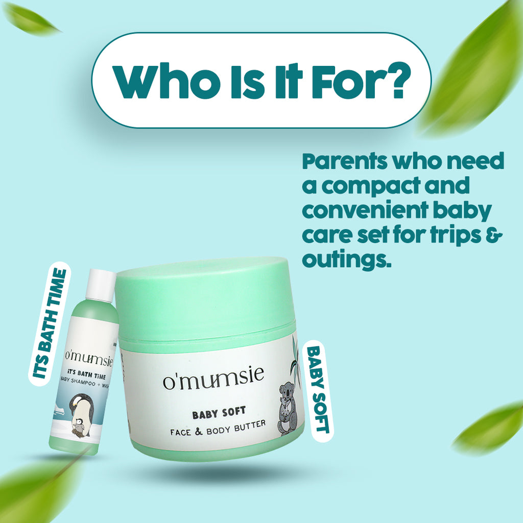 Compact baby travel kit with shampoo and moisturizing body butter