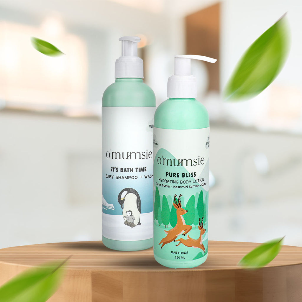 Daily baby bath routine products – hydrating lotion and shampoo wash