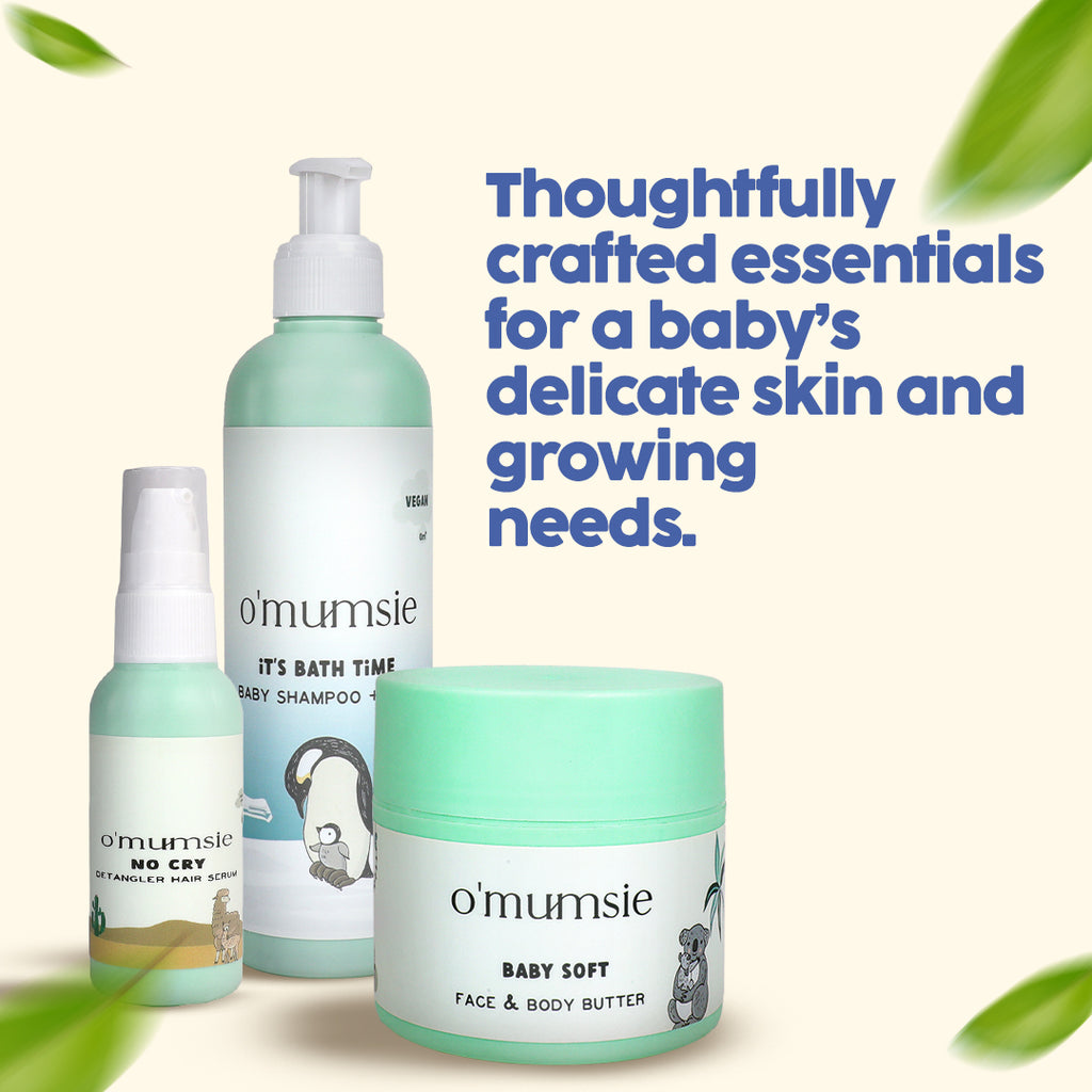 Organic baby skincare kit with shampoo, butter, and detangler serum
