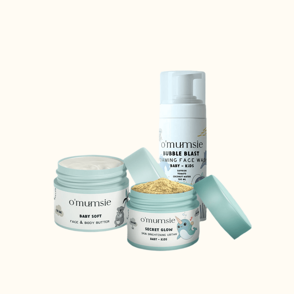 Glowing skin essentials for kids including ubtan and face cream