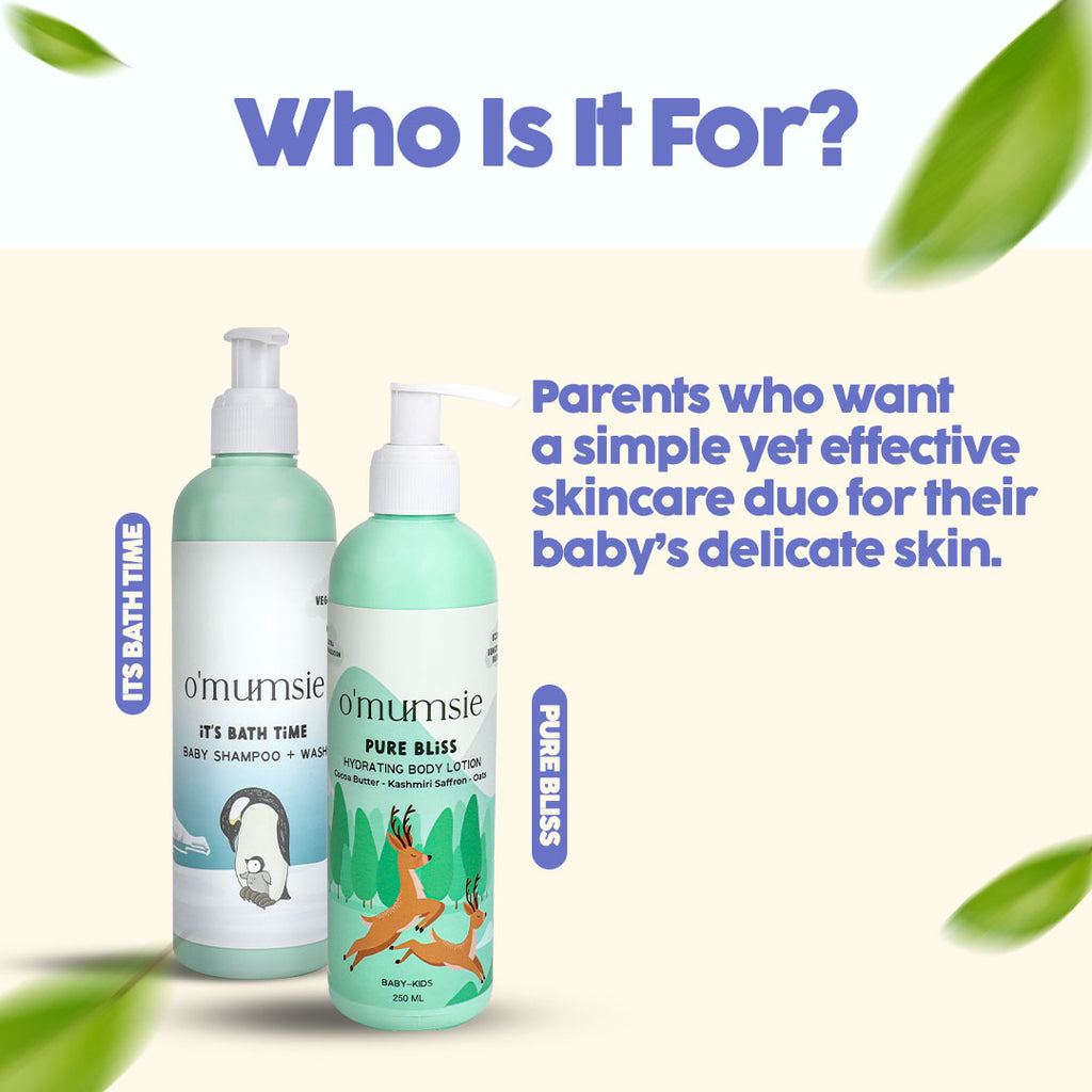 Natural baby shampoo and body lotion set for soft skin and clean hair
