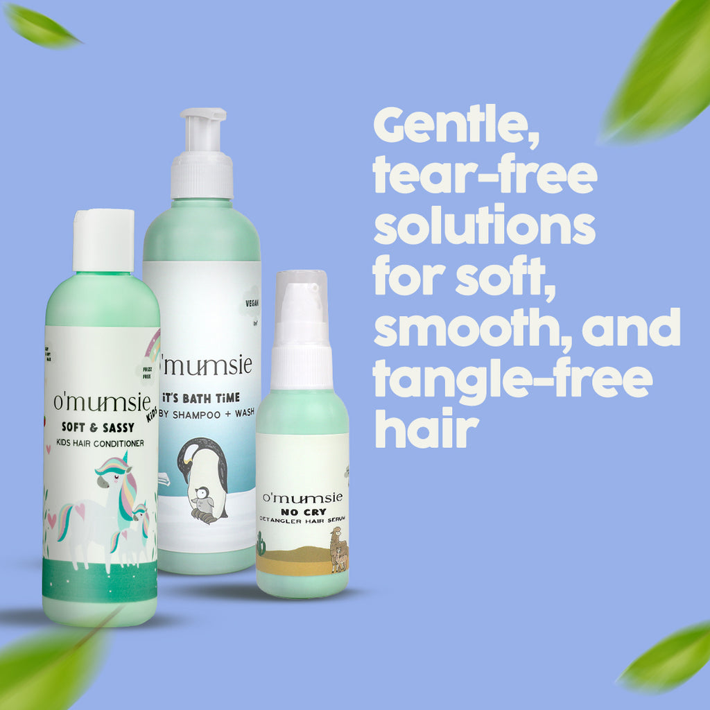 No More Tangles hair care kit for kids with conditioner, serum, and shampoo