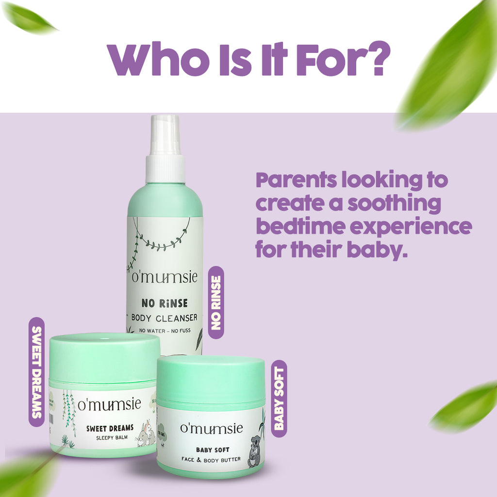 Gentle no-rinse body cleanser for baby bedtime routine